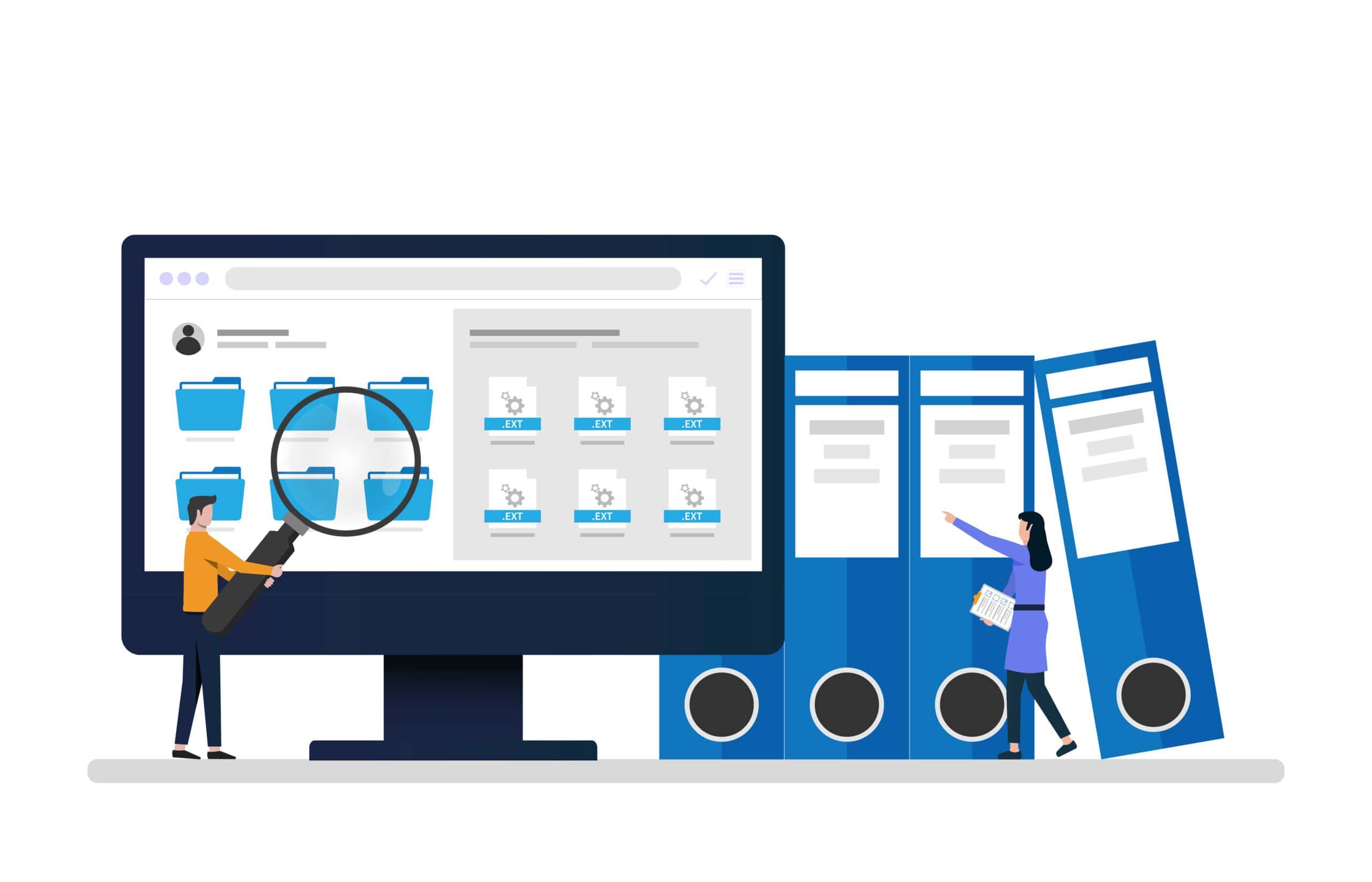 Employees searching and indexing file documents. File manager and data storage concept illustration.